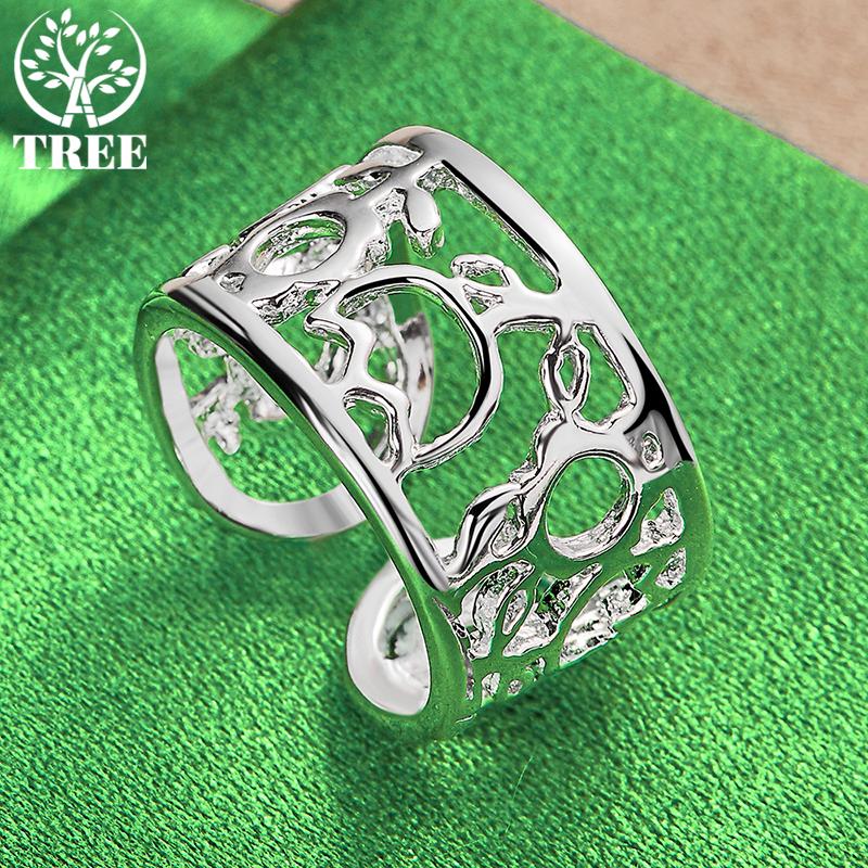 ALITREE 925 Sterling Silver Geometric Hollow Pattern Wide Ring For Women Rings Fashion Party Birthday Christmas Wedding Jewelry