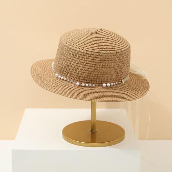 Beach Hat Wide Brim Flat Top Imitation Pearls Trim Tulle Bow Decor Straw Hat Lightweight Breathable Sun Protection Hat