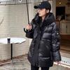 Down jacket men's and women's new couple white duck down medium and long black brick trendy brand bright-faced hooded thickened jacket