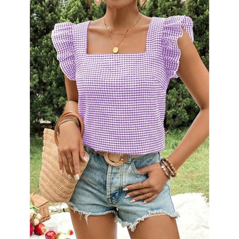 JPNTKY Women's Fashion Casual Square Collar Short Sleeve Blouses & Shirts