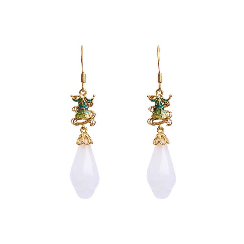 Elegant Chinese Court Style 925 Sterling Silver Earrings with Imitation Jade for Qipao and Hanfu