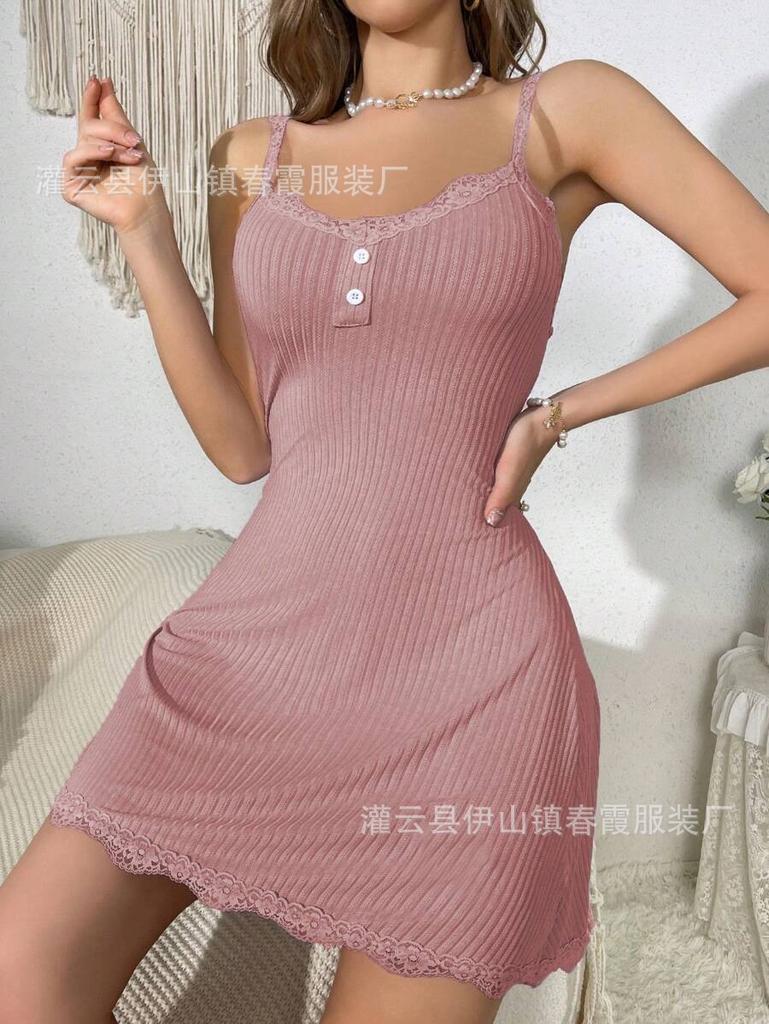 New European and American lace suspender lace ribbed nightdress fashionable and sexy casual loungewear pajamas women