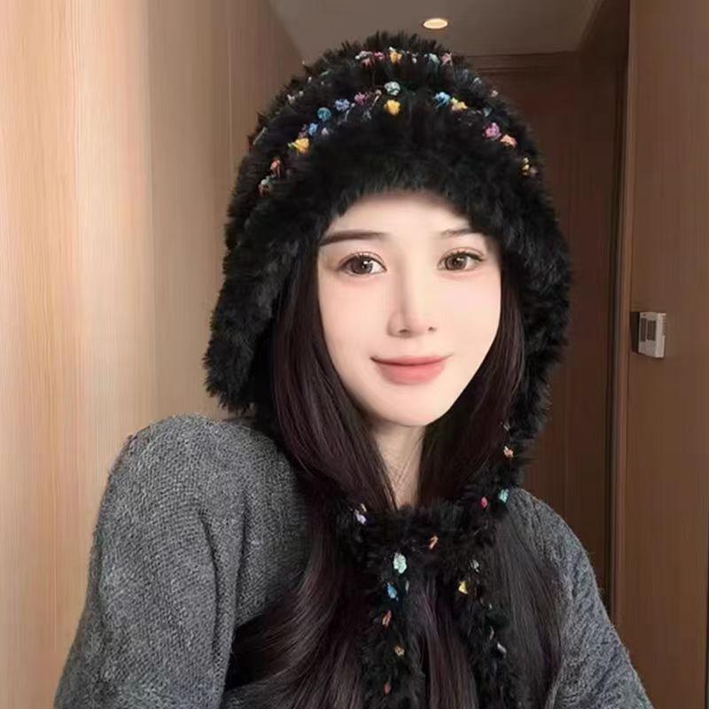 Winter warm ear protection color rope plush hat women's versatile windproof knitted wool hat plush thickened cycling pullover hat