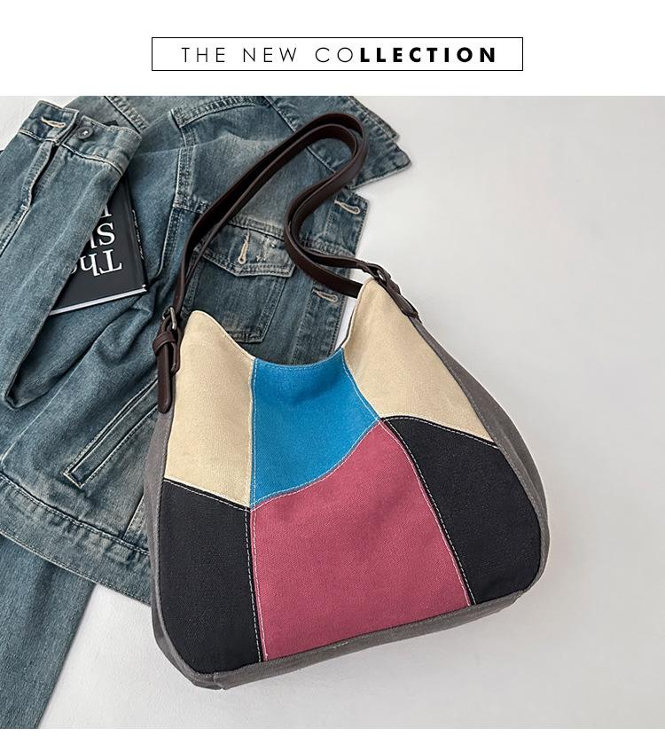 

Простая и модная женская сумка геометрическая контрастная парусиновая сумка женская большой вместимости ретро лоскутная тканевая сумка новая наплечная сумка синий