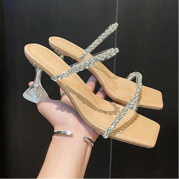 Transparent High Heels, Women's Slim Heeled Sandals, Rhinestone Sandals