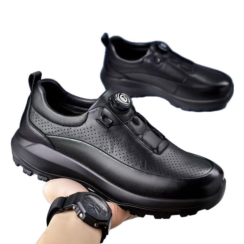 Leather shoes men's hollow lightweight breathable travel hiking shoes rotating buckle casual fashion casual leather shoes men