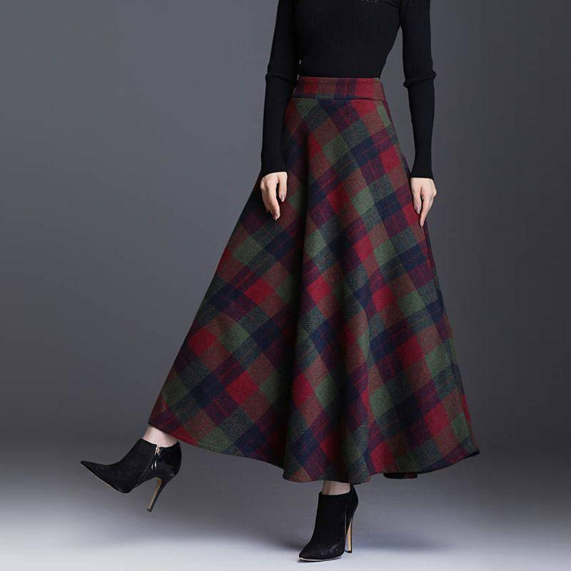 Winter New Fashion Versatile High Waist Woolen Half Skirt Women's Printed Plaid Patchwork Pockets Warm A-line Large Swing Skirt