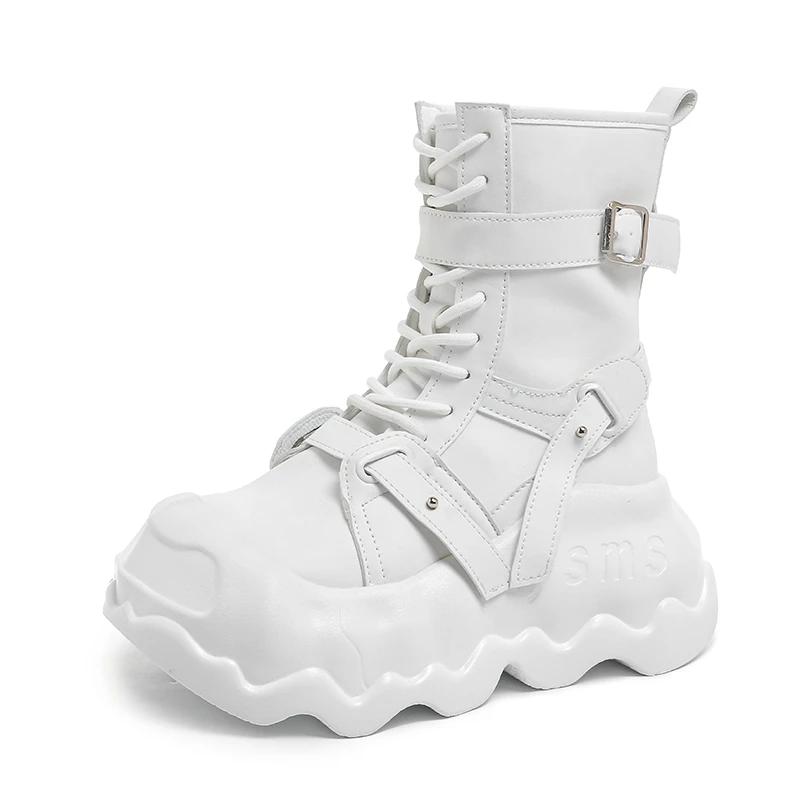 Fashion 8CM Fashion Women's Leather Punk Style Ankle Boots Autumn Winter Heels Chunky Sneakers High Platform Zip Motorcycle Boots Woman