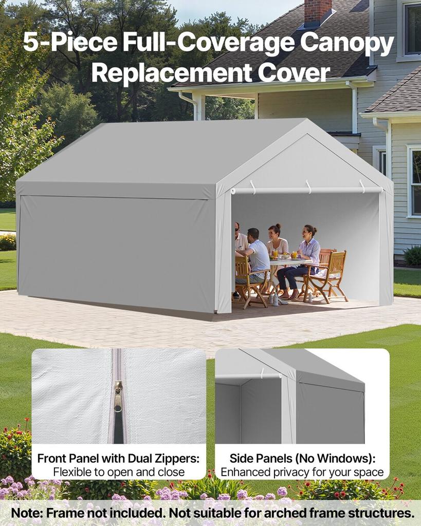 Carport Replacement Canopy, 6 x 4 m Potable Garage Tent Top Tarp with Sidewalls, UV-Resistant & Waterproof, Heavy Duty Car Shelter Tarp with Ball