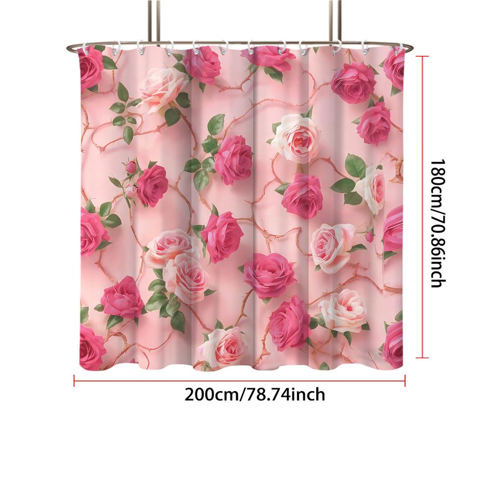 1pc Pink Rose Printed Waterproof Shower Curtain Partition Privacy Hanging Curtain with 12 Hooks Available in Multiple Sizes