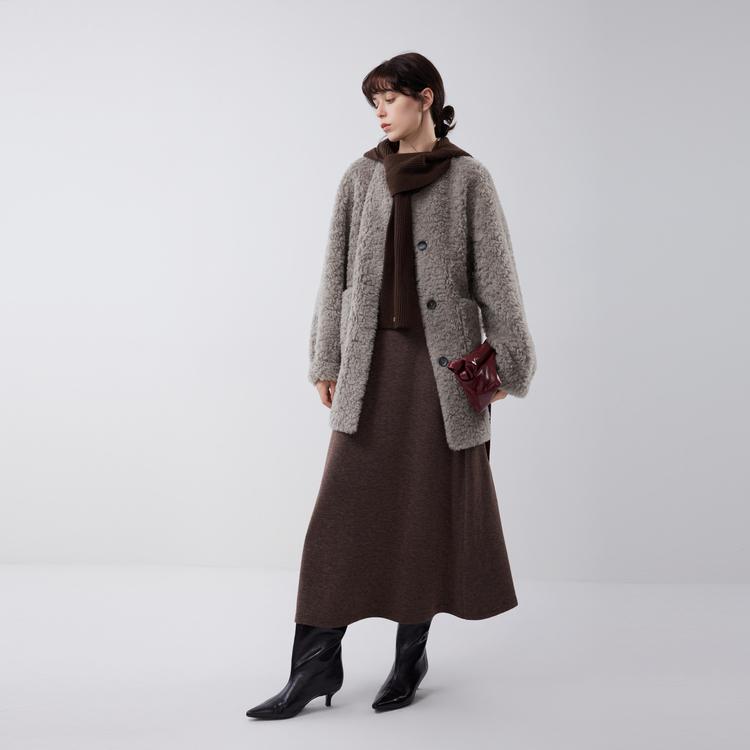 ELLE French Casual Loose Versatile Comfortable Drop Shoulder Long Sleeve Lambswool Single-Breasted Fleece Coat Women outerwear EF53026