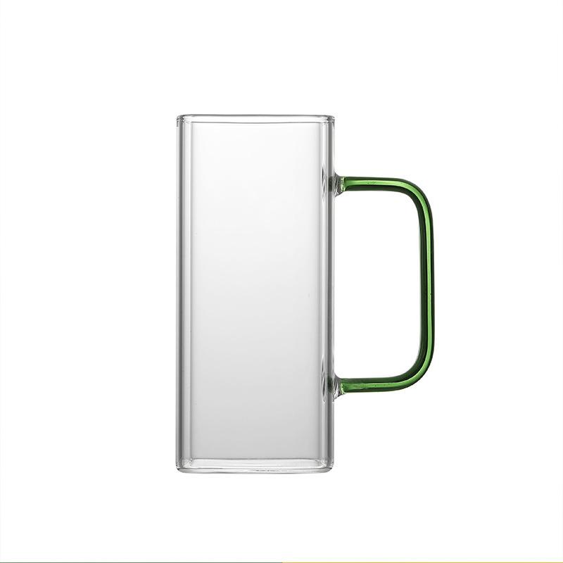 High Value Glass Straw Cup with Cover  Square Color Handle Transparent Glass Milk Tea Flat Bottom Single Layer Cup
