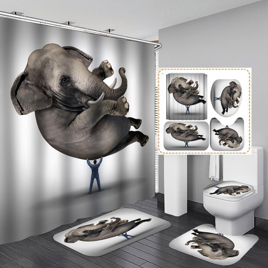 Polyester Elephant 3D Digital Printing Bathroom Personalized Partition Shower Curtain Four-Piece Set
