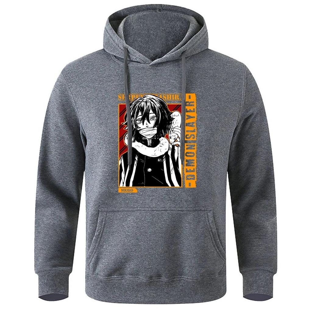 Anime Demon Slayer Obanai Iguro Unisex Hooded Autumn Shoulder Drop Sweatshirt Casual Soft Sportswears Street Hat Rope Unisexs Pullover