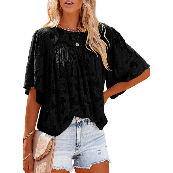 European and American women's clothing 2022 summer new Amazon shirt horn sleeve doll clothing lace hollow chiffon top women