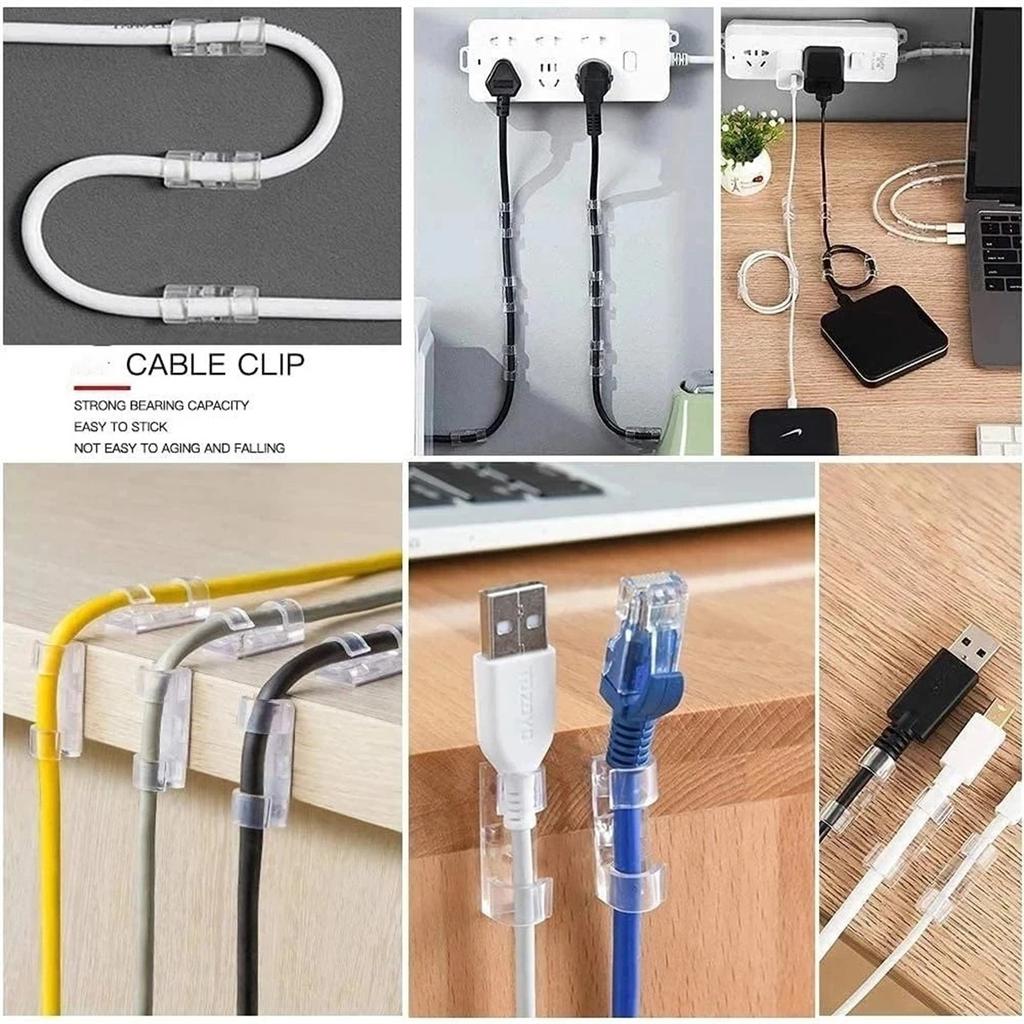 Clear Plastic Cable Clips - Transparent Wire Organizers for Wall & Desk Cable Management, Adhesive Cord Holders