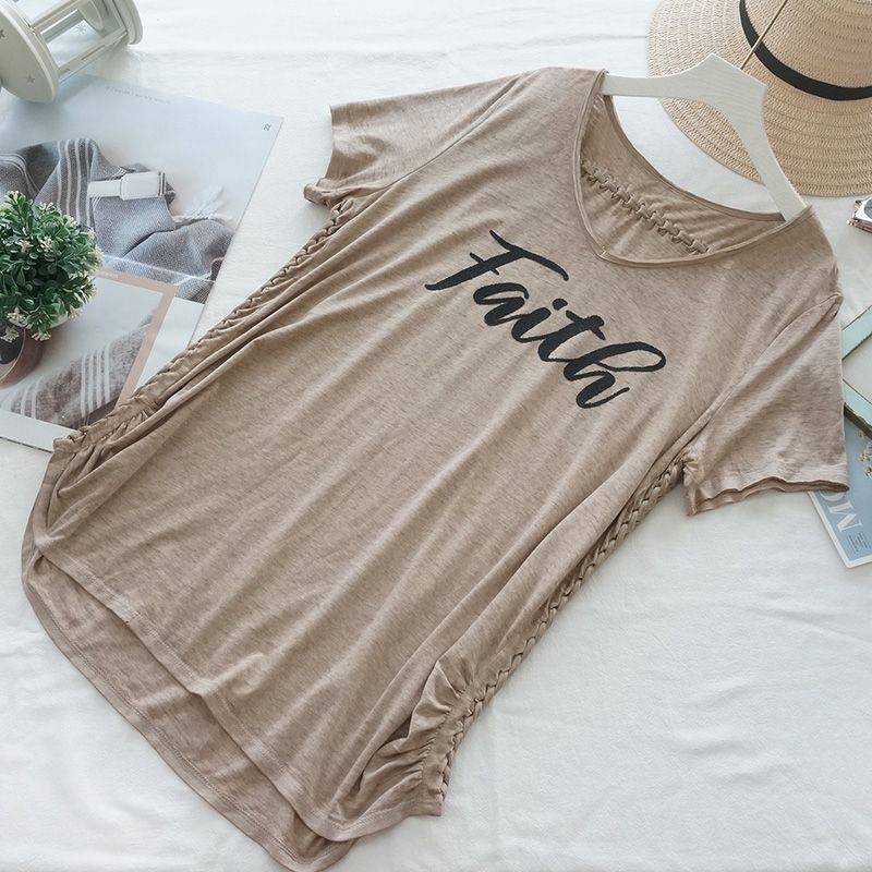 

V Neck Summer Retro Style Personality Loose Street Short Sleeve T-shirt Distressed khaki 5XL