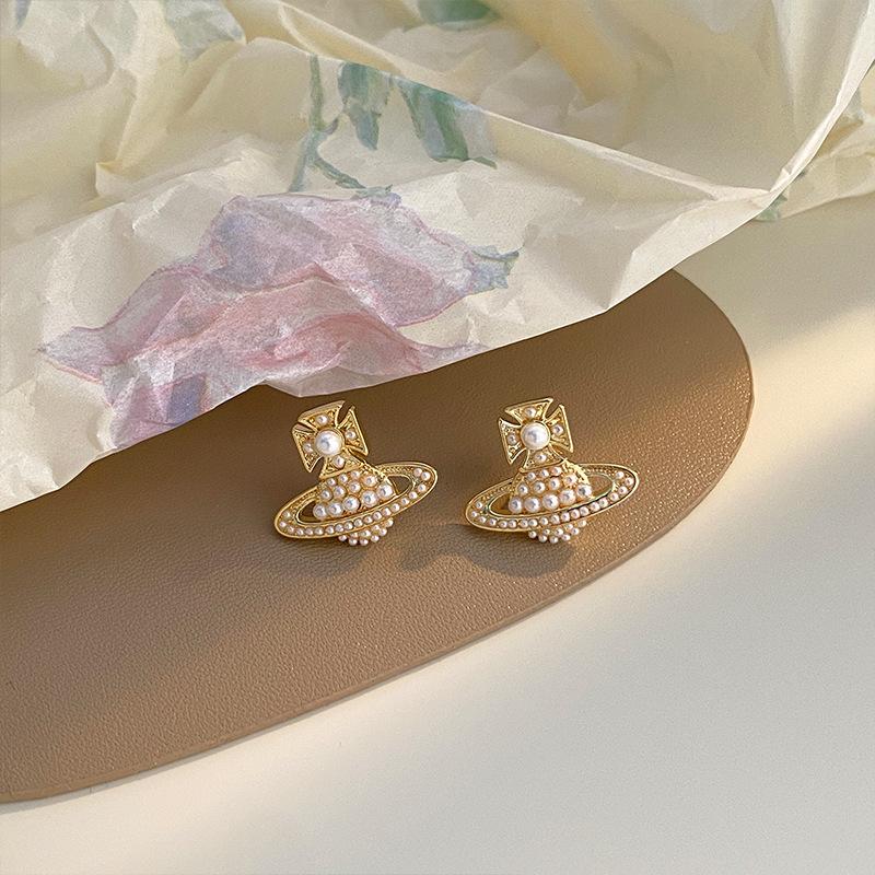 Gold Electroplated Saturn Cross Pearl Earrings - Exquisite High-End Design Inspired by Empress Dowager Cixi