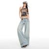 Spring Summer Light Blue Cat Whisker Washed Cotton Straight Leg Gardener Style Comfy Denim Long Pants Women Casual Pants Oversize Denim Trousers
