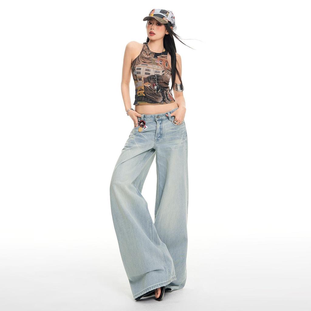 Spring Summer Light Blue Cat Whisker Washed Cotton Straight Leg Gardener Style Comfy Denim Long Pants Women Casual Pants Oversize Denim Trousers