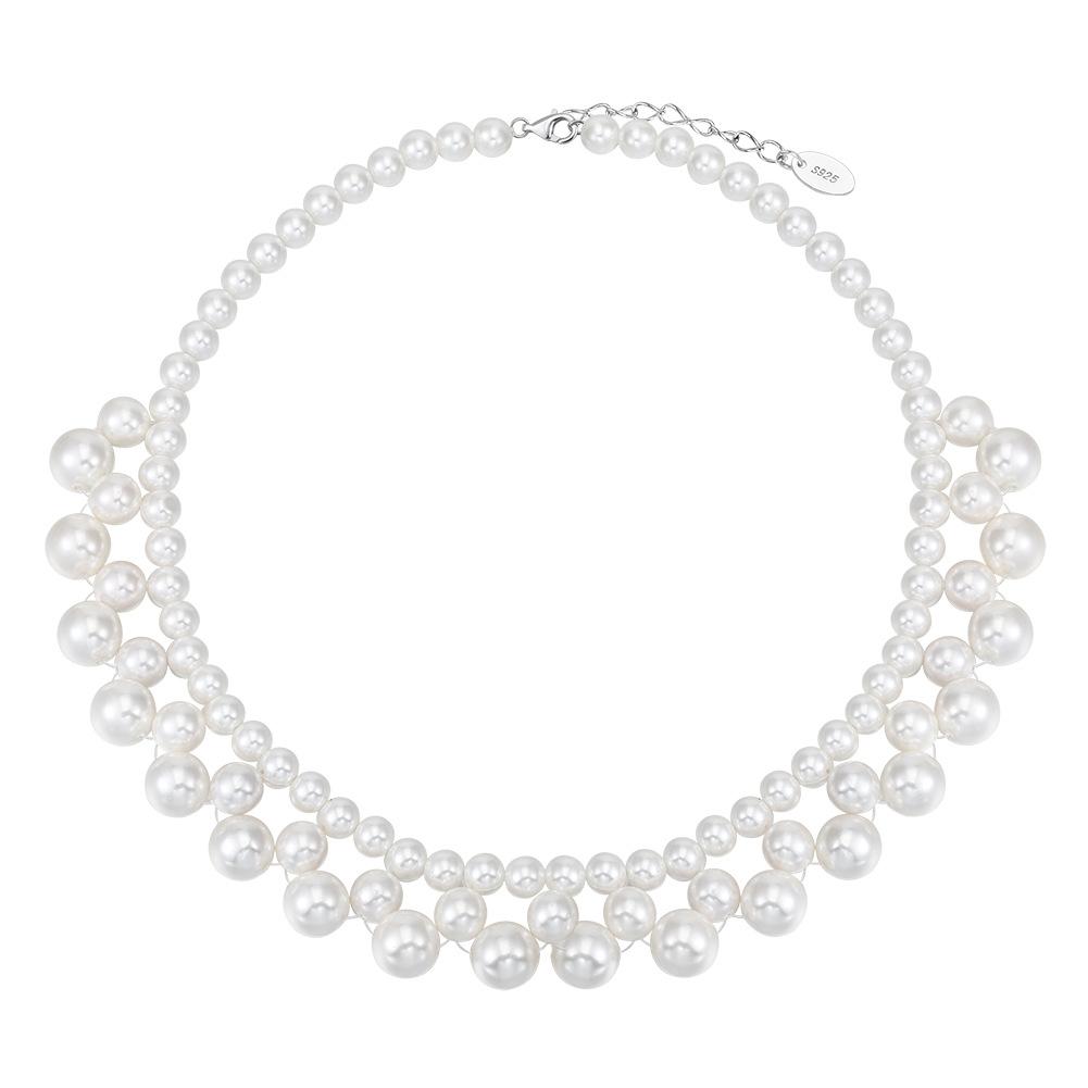 Hua Sheng Layered Beaded Shell Pearl French Style 925 Silver White Imitation Pearl Elegant Multi-layer Women s Sweater Necklace