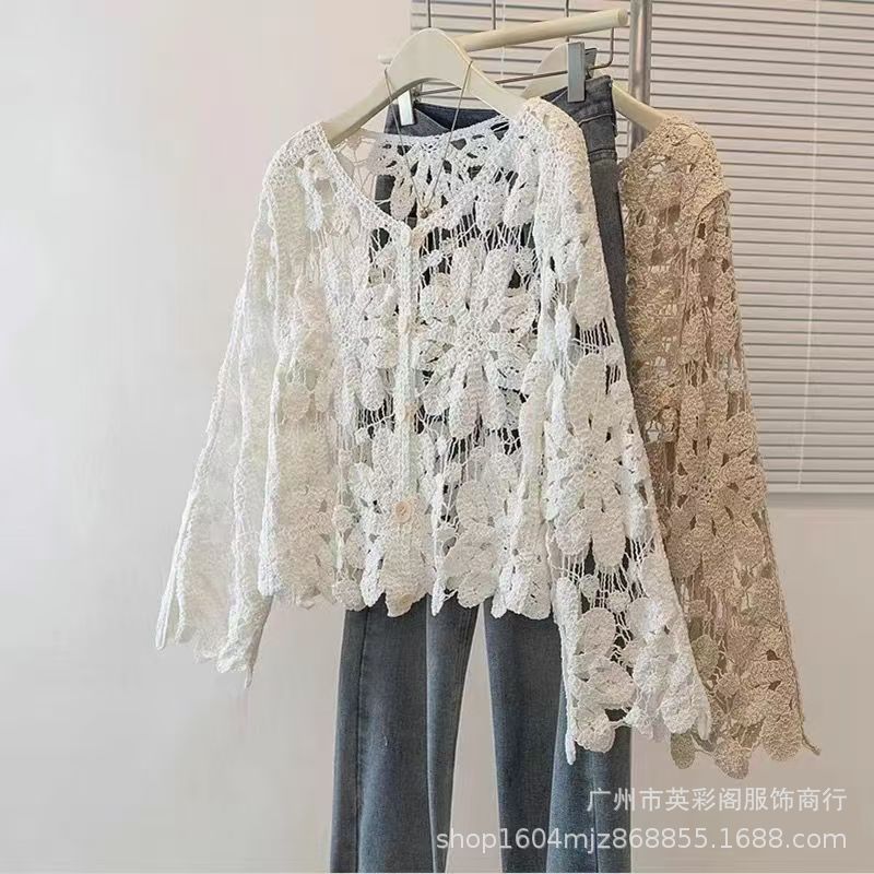 Seaside Retro Vacation Style Sunscreen Knitted Cardigan Women's Summer Hollow Crochet Loose Casual Niche Chic Top