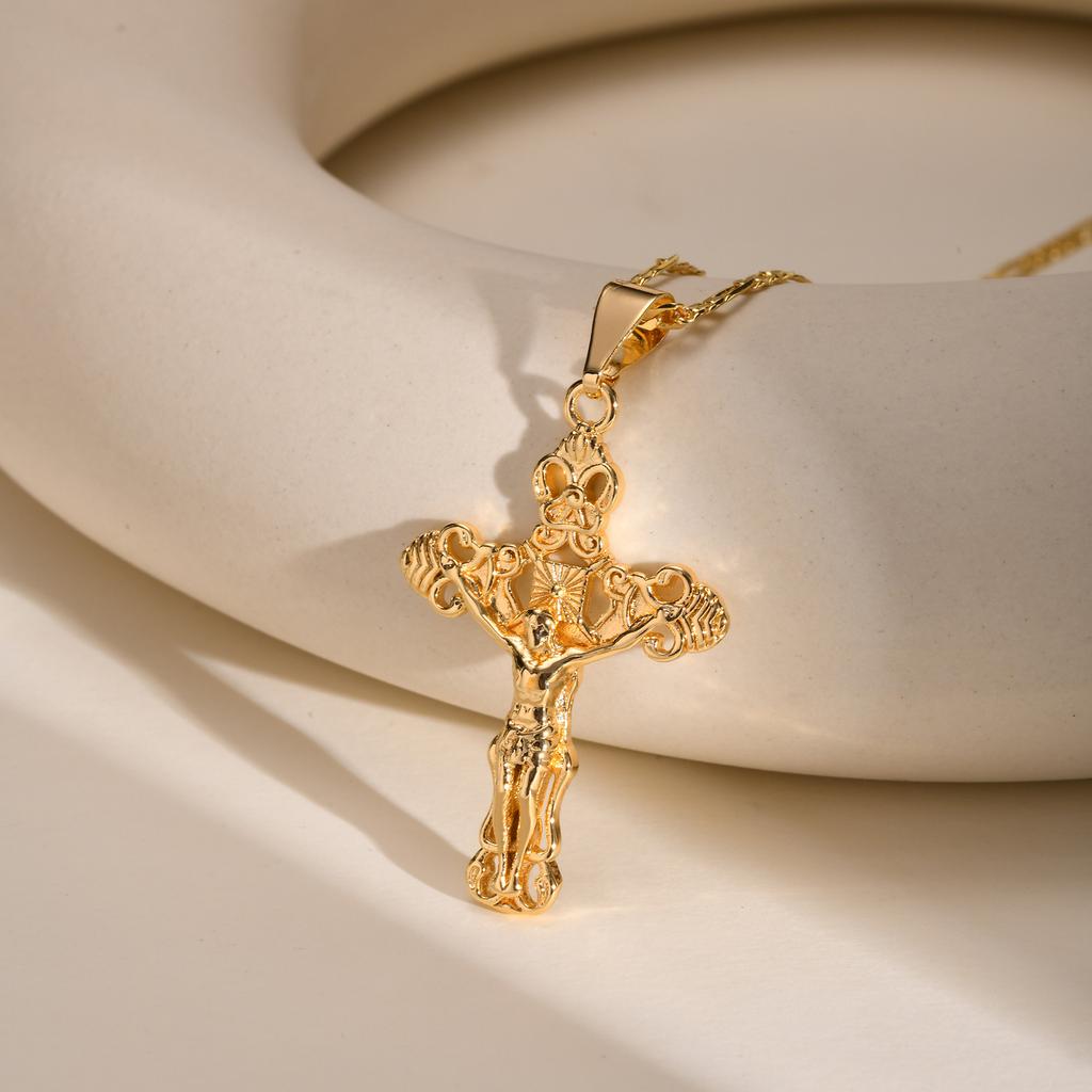 Vnox Gold Plated Pendant Necklaces For Women Stainless Steel Hollow Jesus Cross Necklaces Classic Design Christain Jewelry Gift