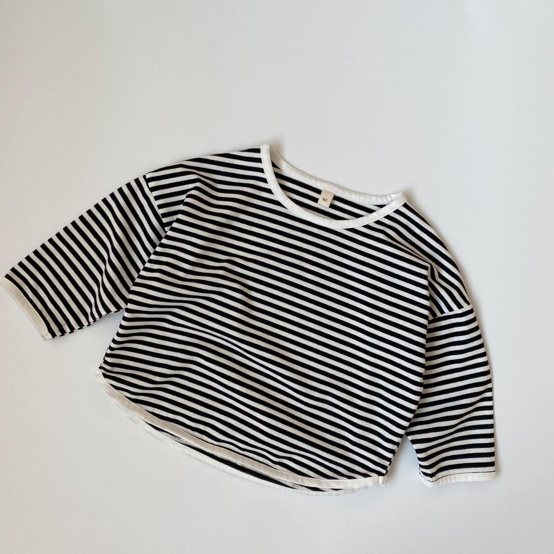 

GL-Дети: Корейская весенняя полосатая футболка с длинным рукавом для мальчиков и девочек – повседневная и удобная 130 cm