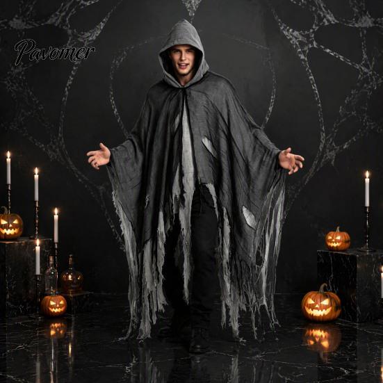 Vampiric Character Outfit Halloween Hooded Cloak, Medieval Gothic Wizard Vampires Cape with Black Mysterious Costume Accessory Mesh, Full Length