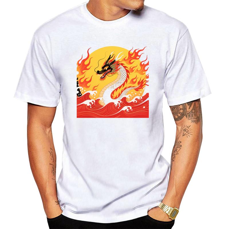 Chinese Loong Print T-Shirt Men's Cotton Short Sleeve Crew Neck Tee, Casual Shirt, Soft and Breathable for Sustainable,
