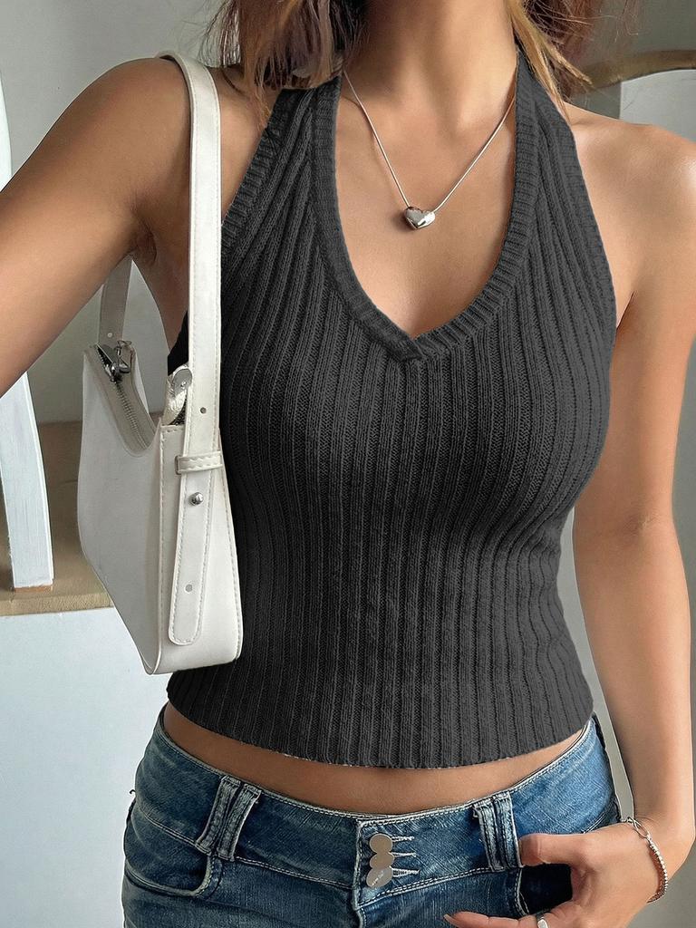 Women Sexy Backless Halter Slim Cropped Ribbed Tank Top