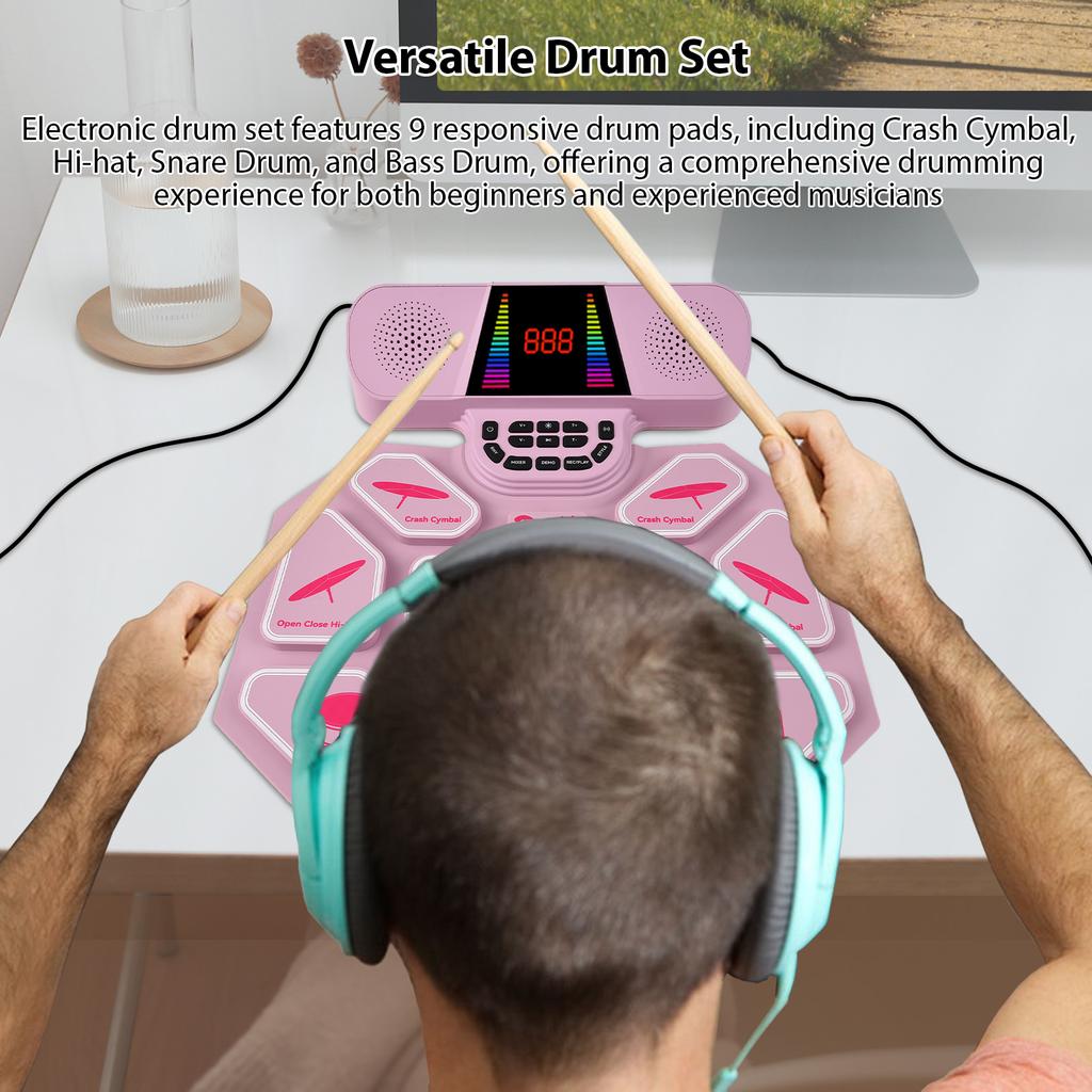 Electronic Drum Set with Dual Speaker Hand Roll Drum Set Ultra Thick 9 Pads Supports BT MIDI