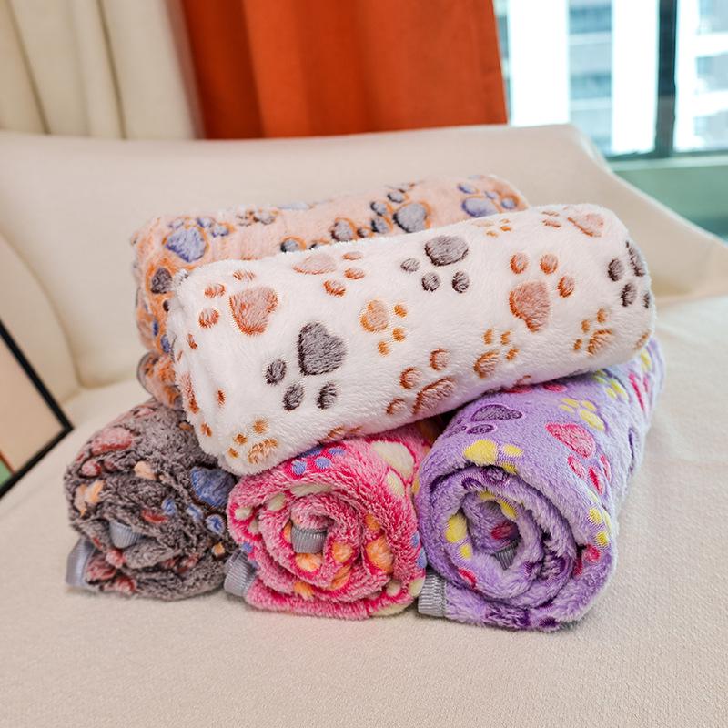 Paw Print Coral Fleece Pet Blanket - Four Seasons Cat & Dog Quilt