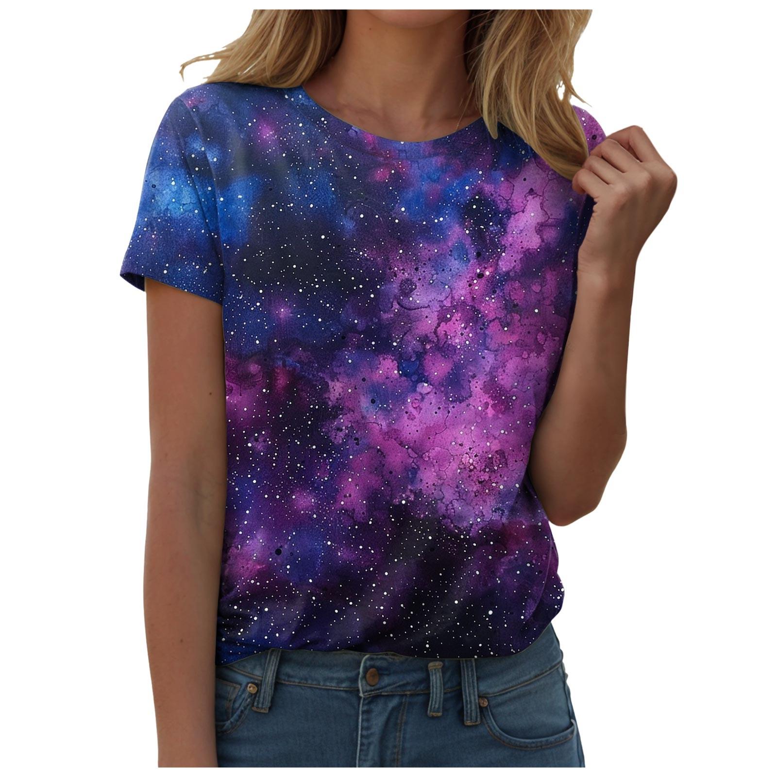 Women Galaxy Print T Shirts Glitter T-Shirts Fashionable Starry Sky Summer T-Shirts Round Neck Woman S Summer Tops M