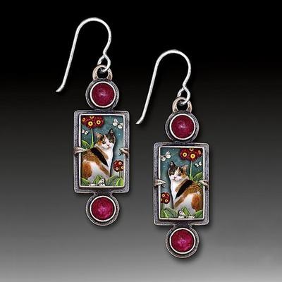 Cat Pattern Geometric Earrings Retro Rectangular Metal Inlaid with Red Gems Handmade Earrings
