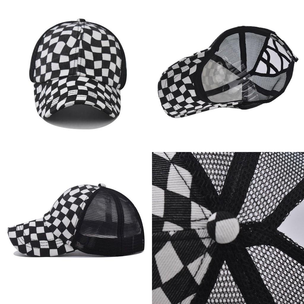 Womens Summer Cotton Baseball Cap With Black And White Grid Splicing Breathable Mesh Design