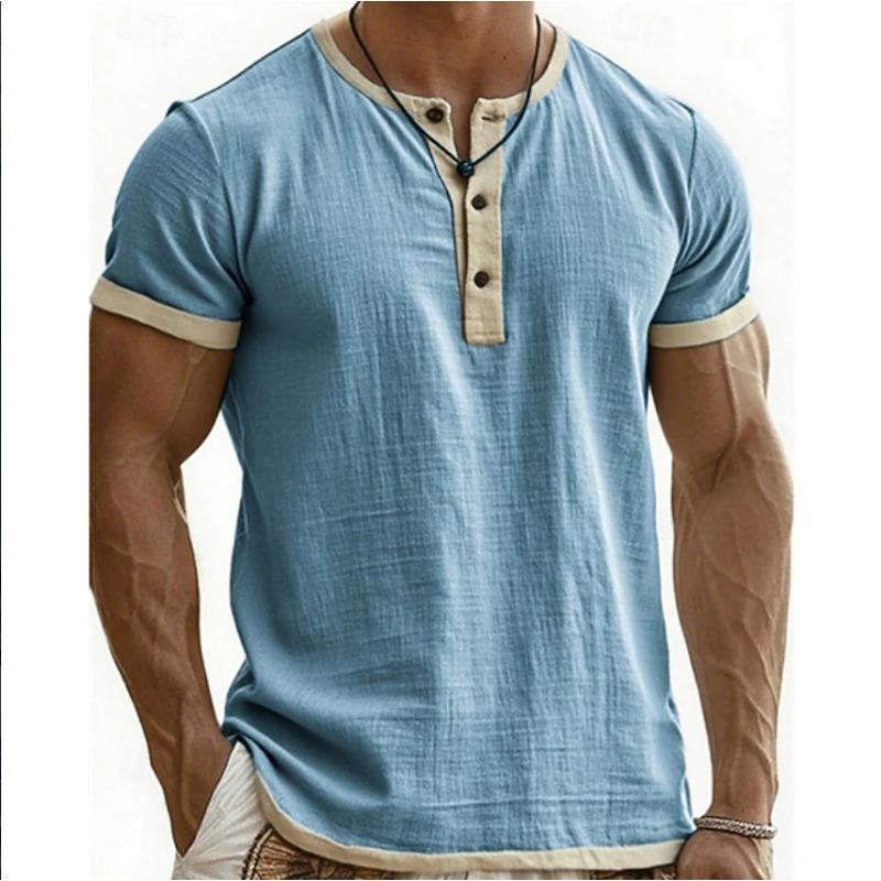 Men Summer New Vintage Contrast Color Casual Henley Neck Short Sleeve T Shirt Polo
