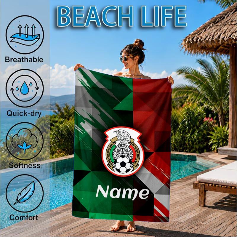 Custom Name Beach Towel Mexico Soccer Emblem Microfiber Beach Towel, Lightweight for Summer Travel, Swimming Pool Fan Birthday Gift