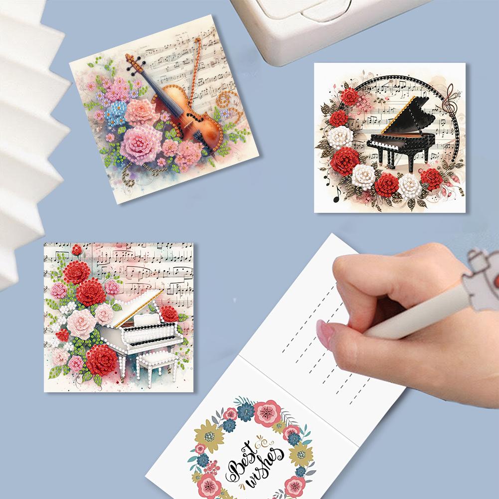 6Pcs Musical Instrument And Flower Rhinestone Painting Card Kit Diamond Drawing Card Diamond Painting Greeting Card Party Favors