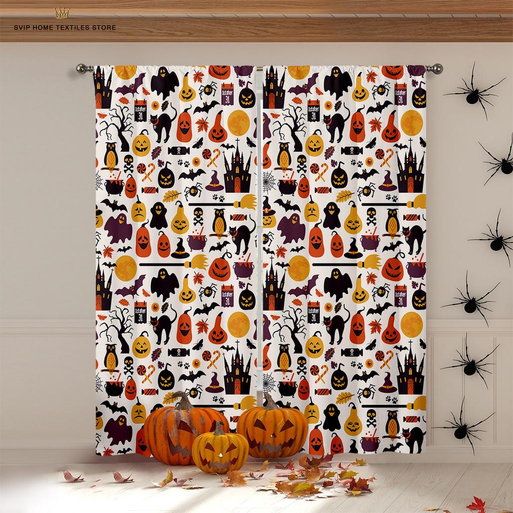 Halloween Horror Pumpkin Cartoon Print Curtains, Blackout, Heat Insulation, Restaurant, Bedroom, Party Decoration