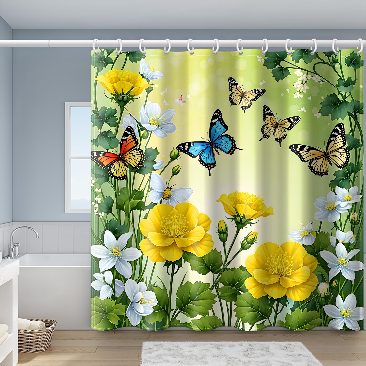 1pc Colorful Butterfly And Yellow White Flower Printed Shower Curtain, With Hooks, Spring Plant Simple Style Windows And Walls 90X180CM