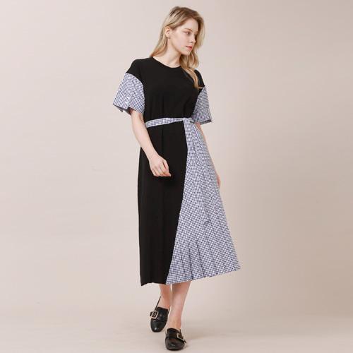 Bunderghost Black Check Color Block Asymmetrical Short Sleeve Long Dress