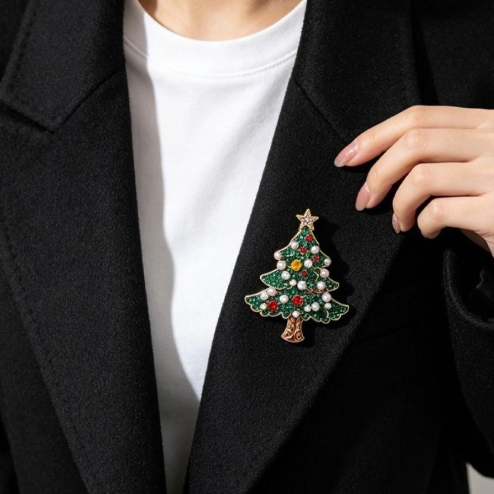 Imitation Pearl Rhinestone Brooch Vintage Style Enamel Plant Pins Christmas Tree Brooch Office