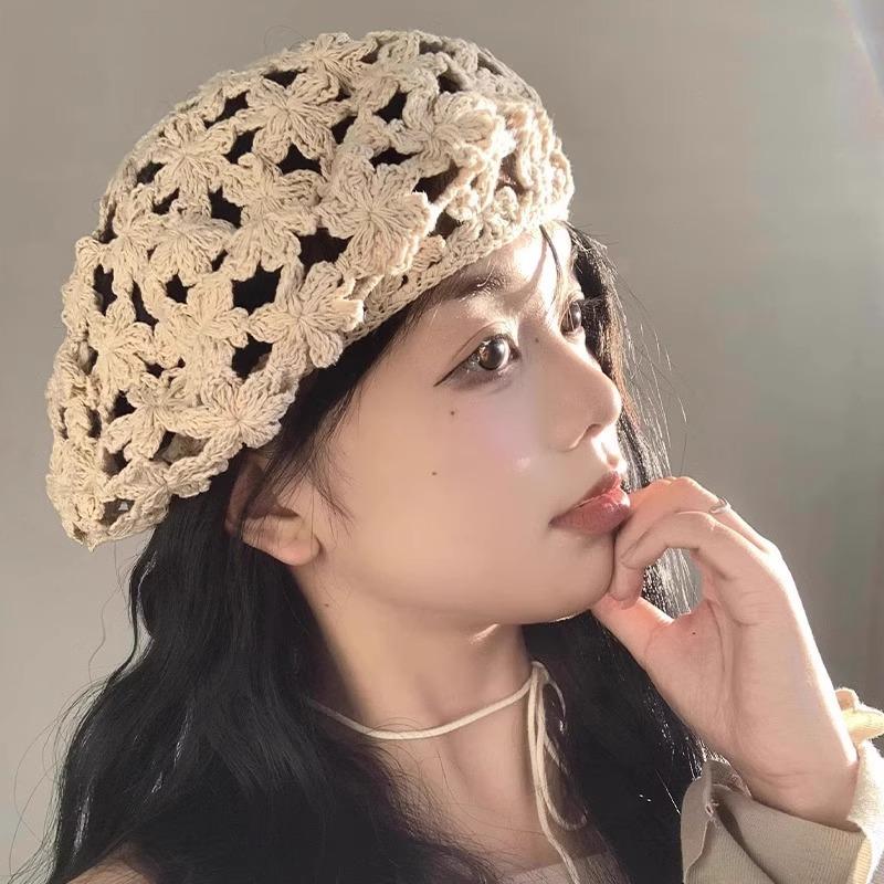 Dámský letní klobouk baret v japonském stylu, vintage, s dutým vzorem, tenký, ručně háčkovaný, Y2K, horká dívka, umělecký klobouk