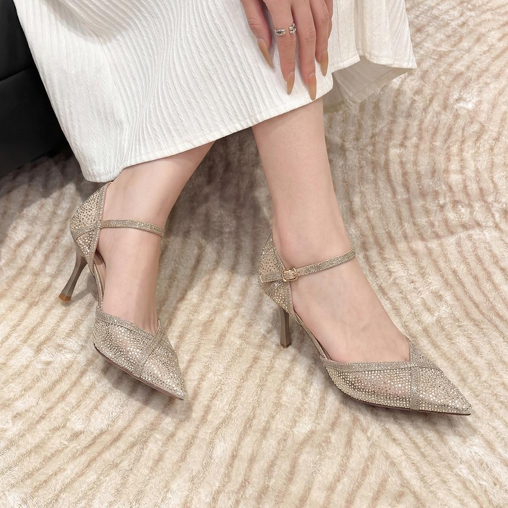 Luxury Rhinestone One-word Buckle Hollow High Heels Women's Summer, Pointed Stiletto Mesh Silver Single Shoes Women's Skirt