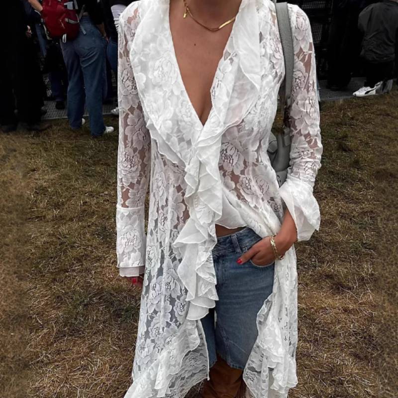 Abito Lungo in Pizzo Floreale con Scollo a V e Vita Alta per Uso Casual Estivo