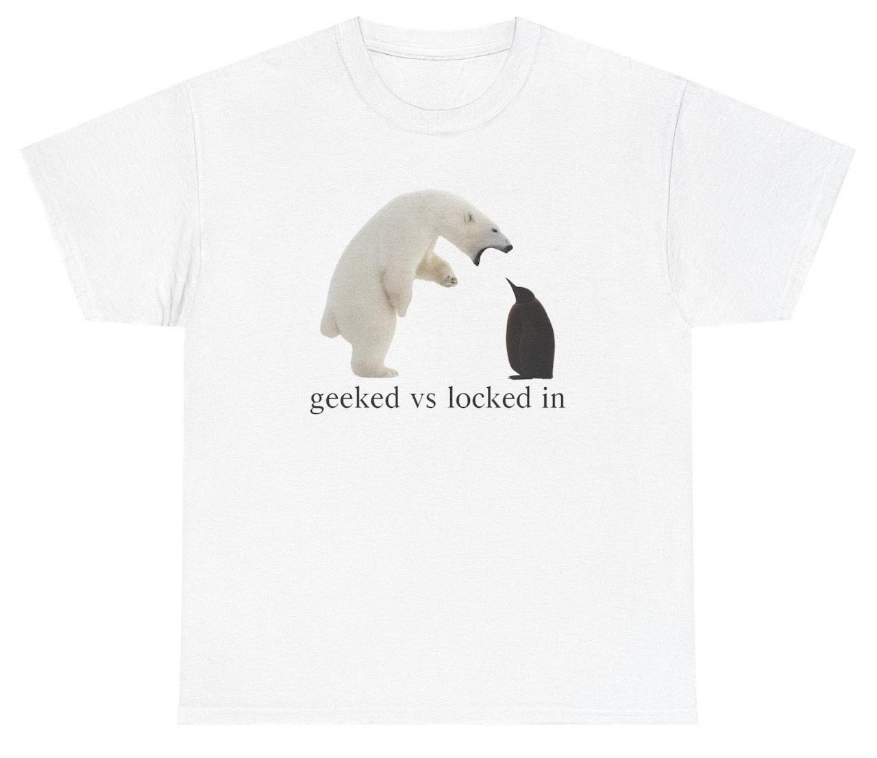 Geeked Vs Locked In T Shirt Polar Bear Graphic Meme Tee XXXL