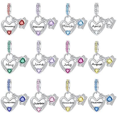 925  Silver January-December Birthday Stone Love Zircon Pendant Bead Fit Charms Necklace Bracelet Women Jewelry DIY Gift