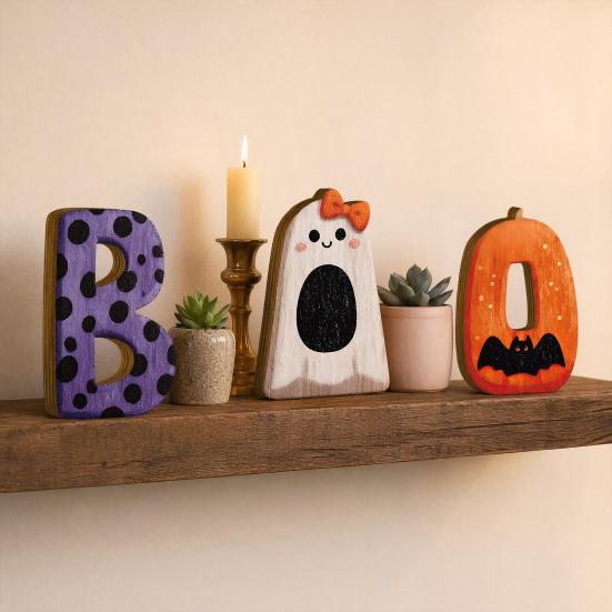 3Pcs/Set Wooden Halloween Statues, Letter Bat Pumpkin Ghost with Bowknot Deisgn, Halloween Desktop Ornaments, Holiday Party Decor & Scene Layout
