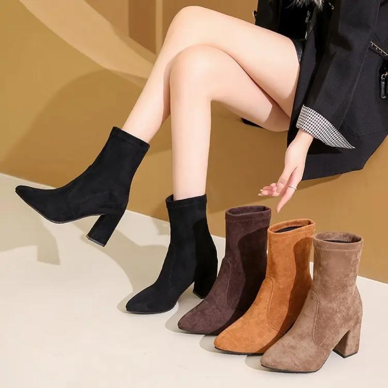 Mode Dicke Ferse Damen Kurze Stiefel Mode Schlankmachende Stiefeletten Klassischer Stil Herbst Winter Damen Spitzschuh Damenstiefel Übergröße